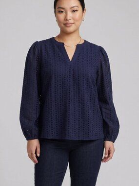 NWT | MEROKEETY Navy Eyelet Puff Sleeve Split Neck Blouse Boho | XL